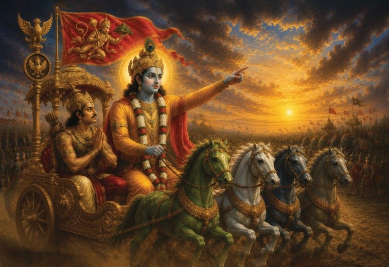 Krishna driving Arjuna's golden chariot with four horses across the Kurukshetra battlefield at sunset under a Hanuman banner