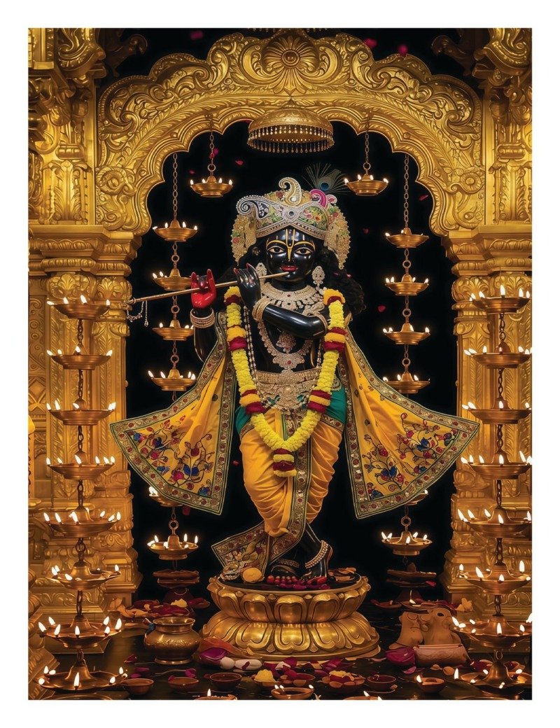 Black Krishna deity with flute in yellow attire and marigold garland inside a golden temple sanctum lit by rows of hanging oil lamps