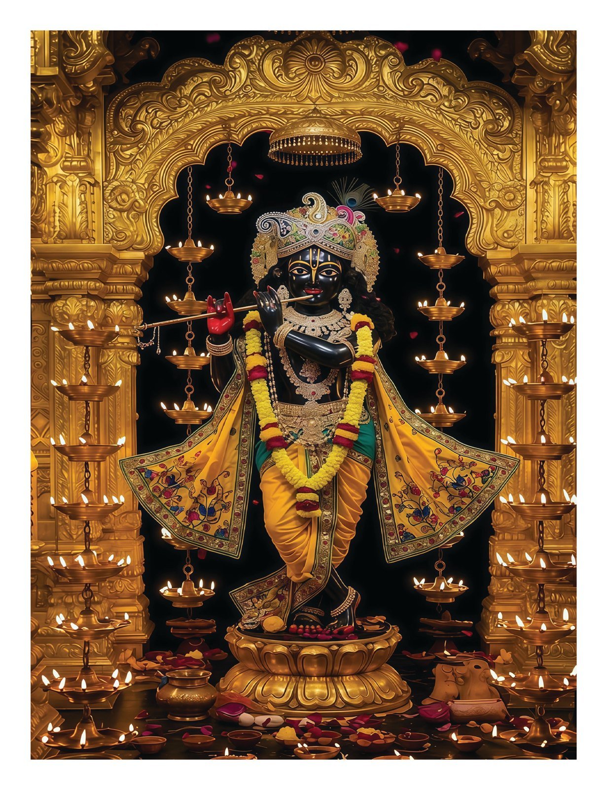 Black Krishna deity with flute in yellow attire and marigold garland inside a golden temple sanctum lit by rows of hanging oil lamps