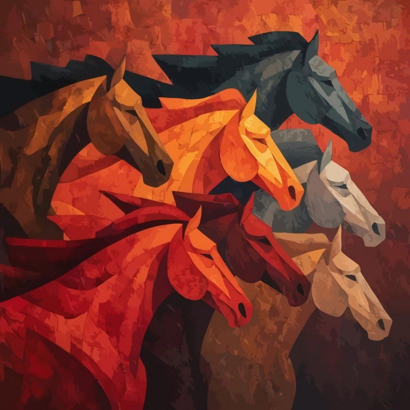 Abstract painting of seven horses in angular red, orange, grey and brown planes on a fiery textured background