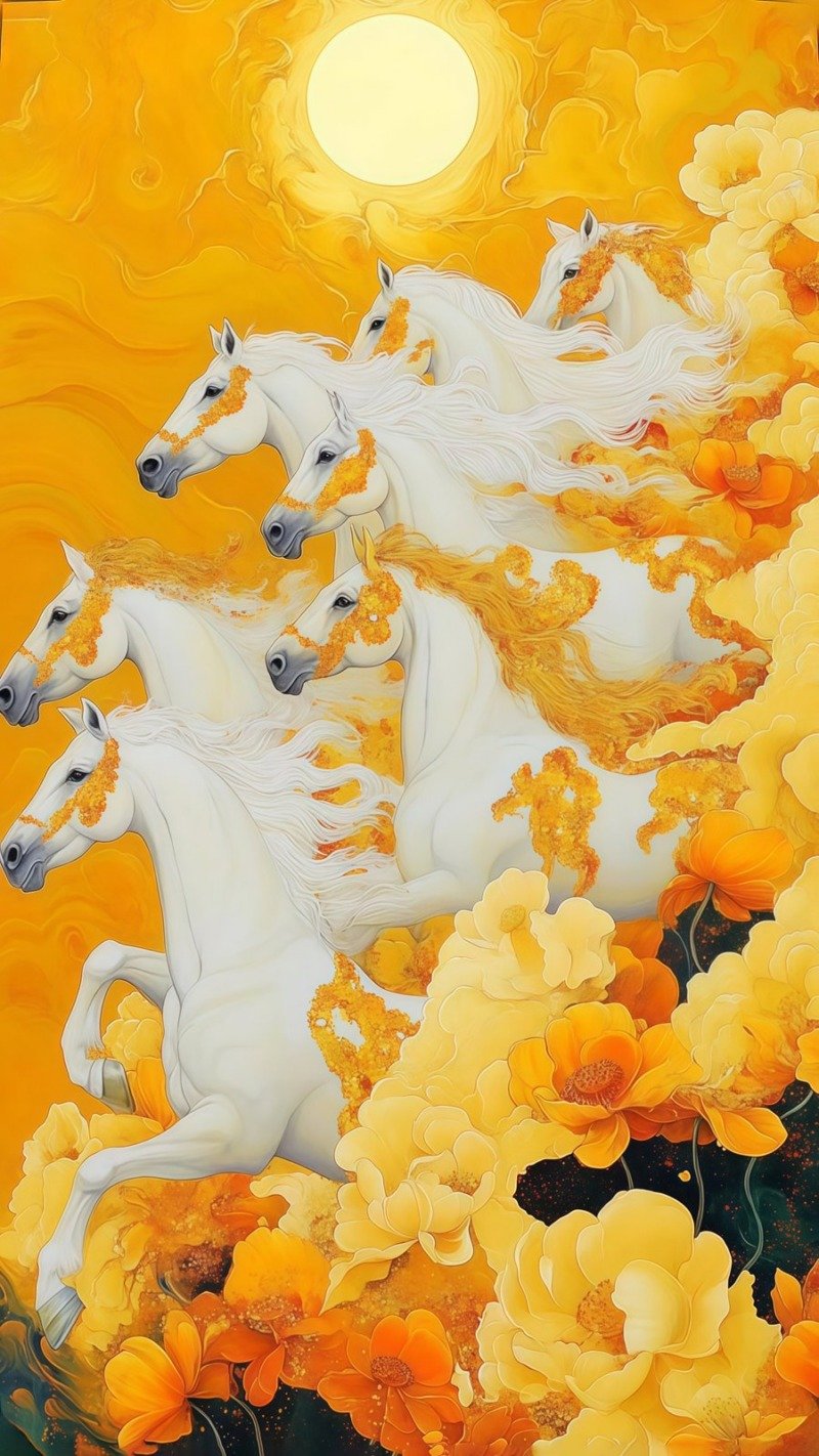 Seven white horses with marigold-dusted manes galloping through yellow flowers under a golden sun