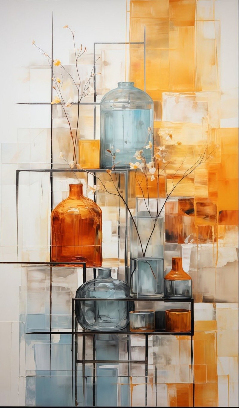 Amber and blue glass bottles on black shelves with blossom twigs against orange and grey abstract blocks
