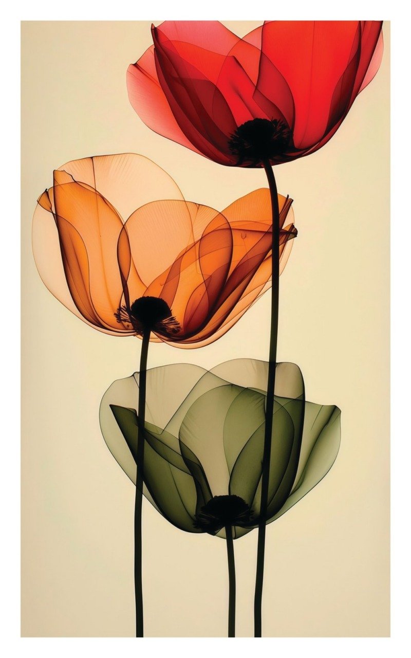 Three translucent poppies in red, amber and olive green on tall stems against a cream background