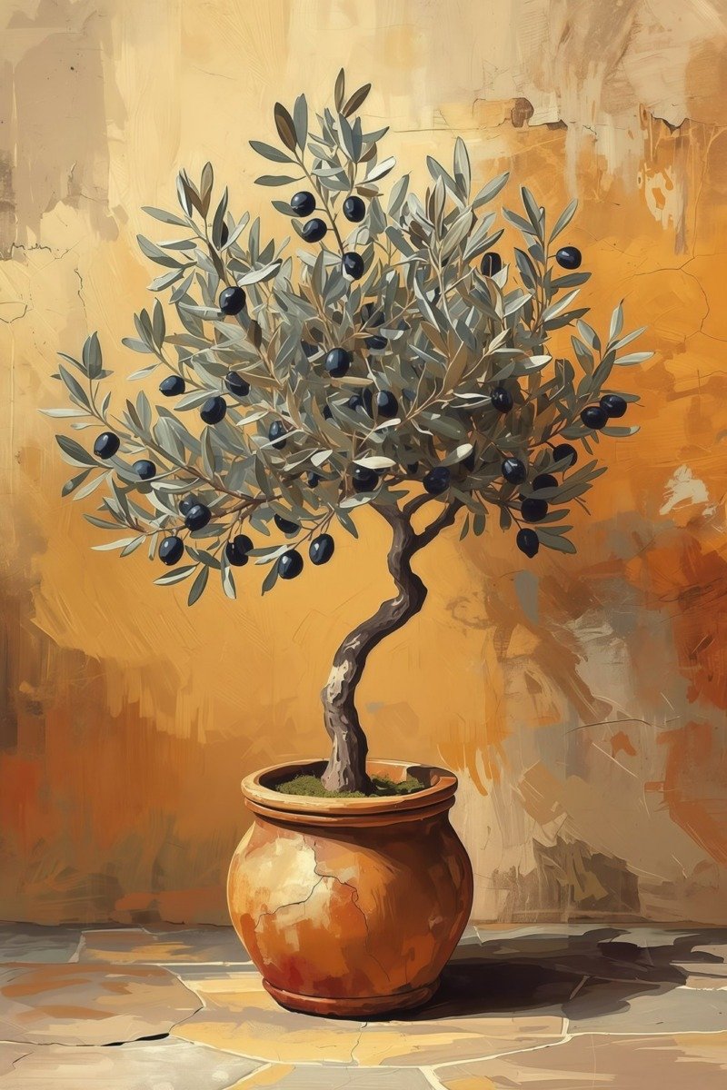 Olive tree with black olives in a terracotta pot against a weathered ochre plaster wall
