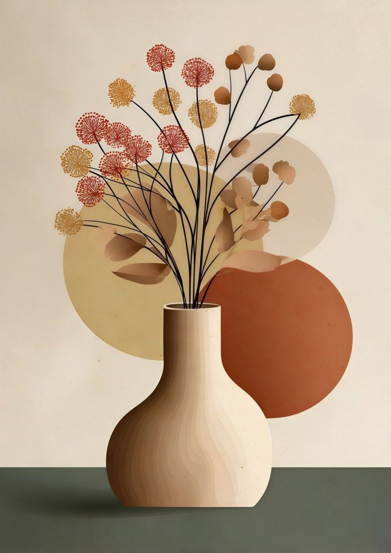 Minimalist cream vase with dried red and gold blooms before terracotta and sand circles