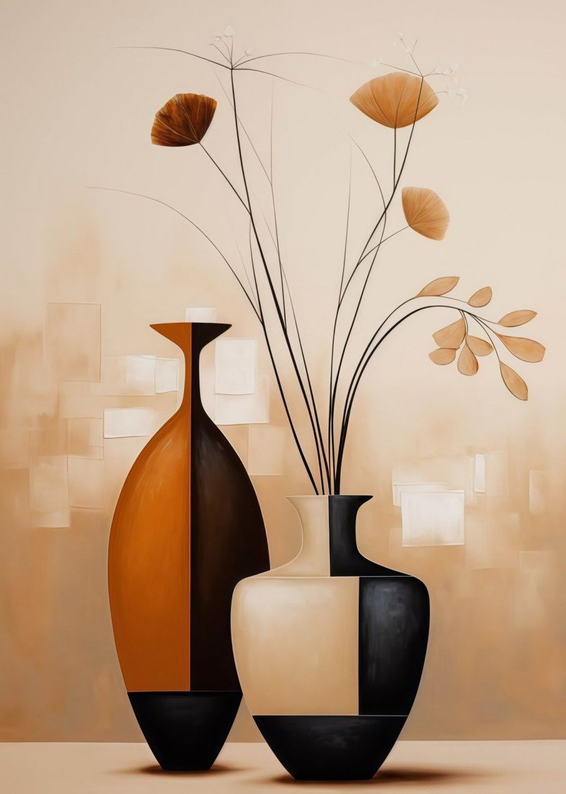 Two modern two-tone vases with tall dried stems and leaves against a beige painted wall