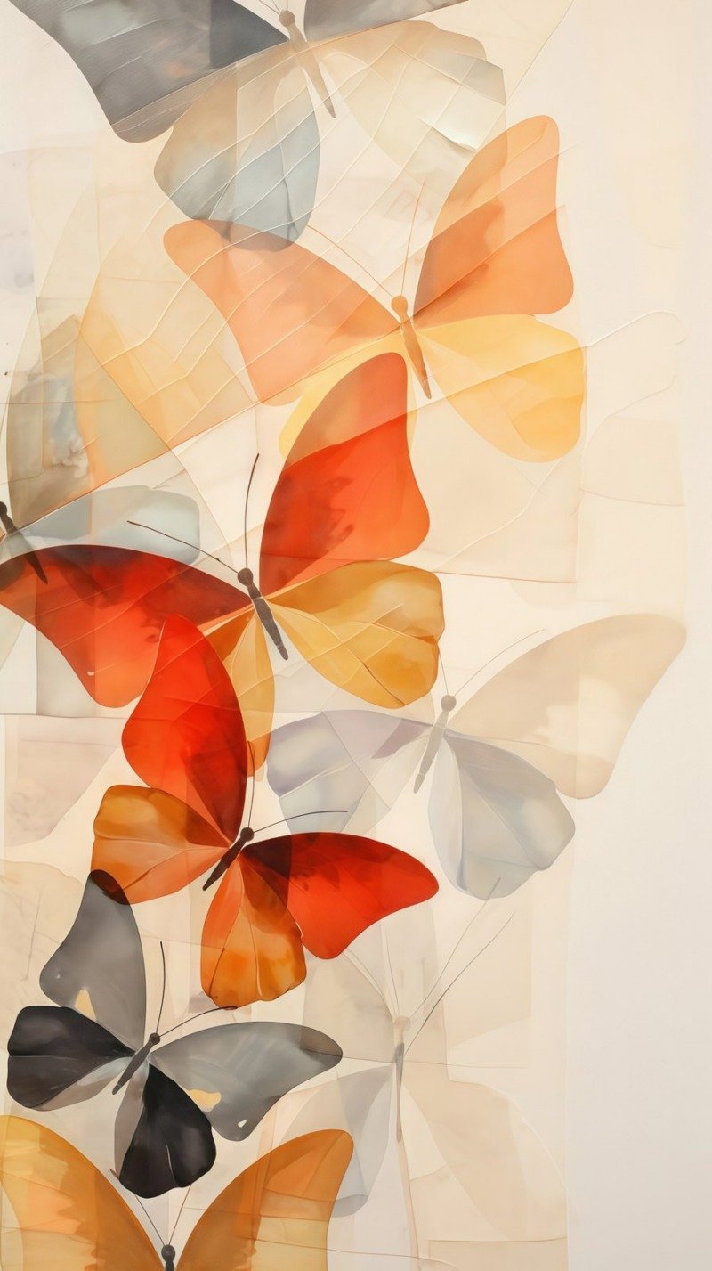 Translucent watercolour butterflies in orange, red and grey rising across a pale cream background
