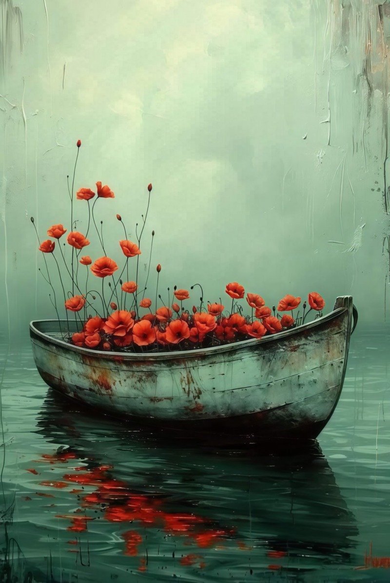 Old white rowing boat full of red poppies floating on calm green water under a misty sky