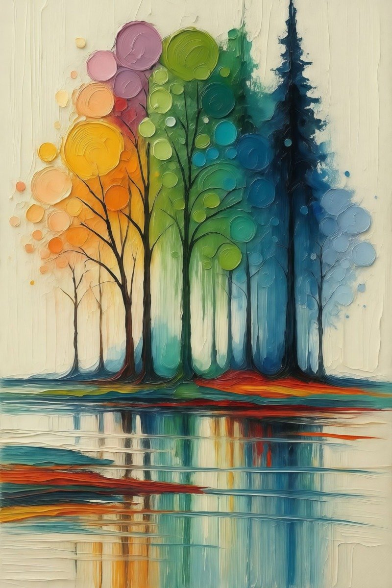 Stylised trees with colourful circular canopies reflected in water, painted in thick textured strokes