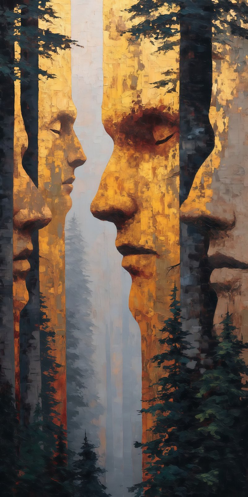 Two golden tree-textured profile faces facing each other across a misty gap of tall pine trees