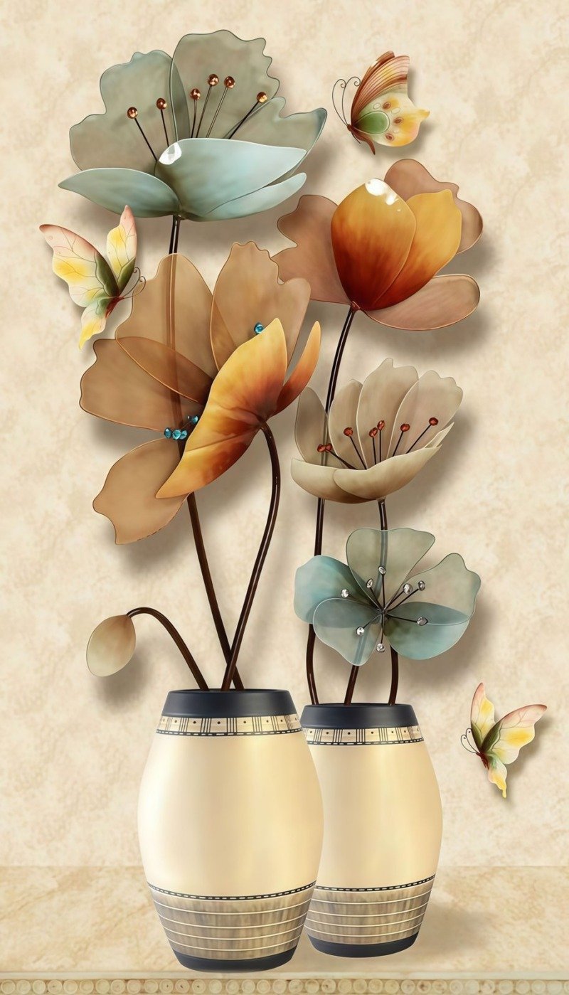 Two cream vases with translucent teal and amber flowers and three butterflies on a marbled beige background