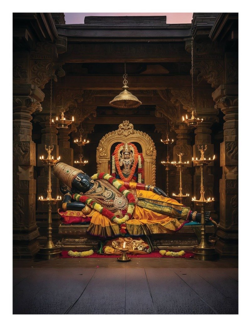 Black stone reclining Vishnu with gold crown and garlands inside a lamplit carved temple sanctum