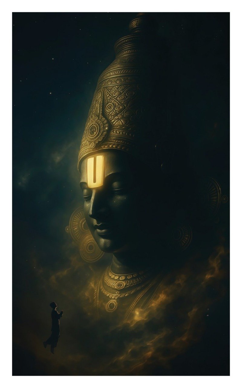 Giant serene face of Lord Balaji with glowing golden namam in a dark starry sky, tiny devotee praying below