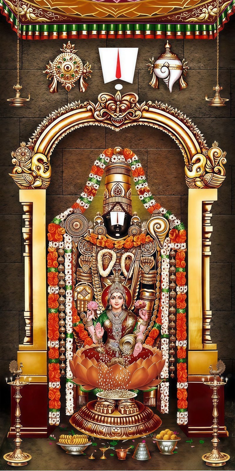 Lord Venkateswara standing under a golden temple arch with Goddess Lakshmi on a lotus and brass lamps