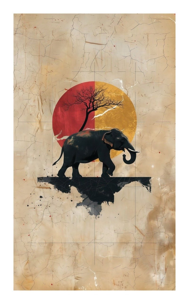 Dark elephant walking beneath a red and gold sun with a bare tree on a cracked beige background