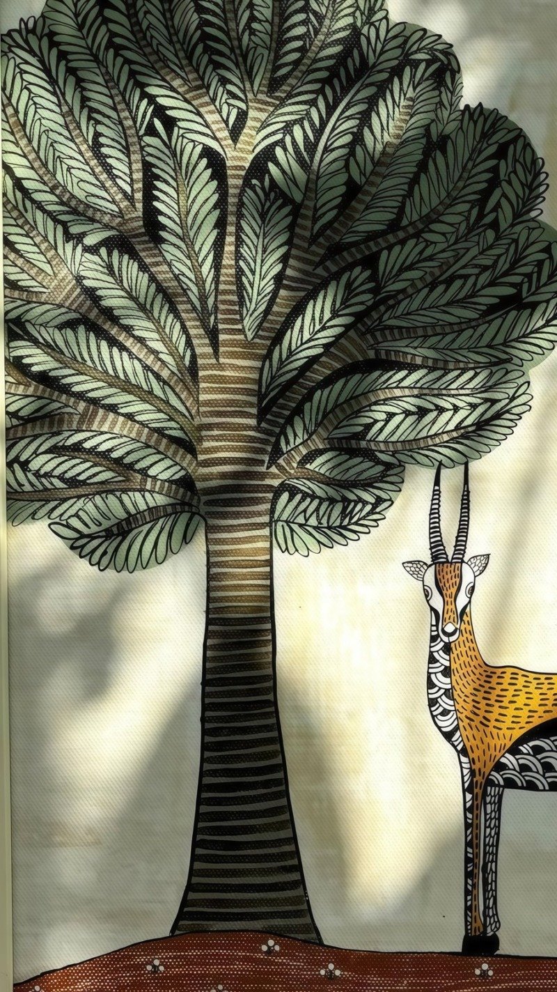 Gond folk art tree with feathered green leaves beside an orange patterned antelope with spiral horns