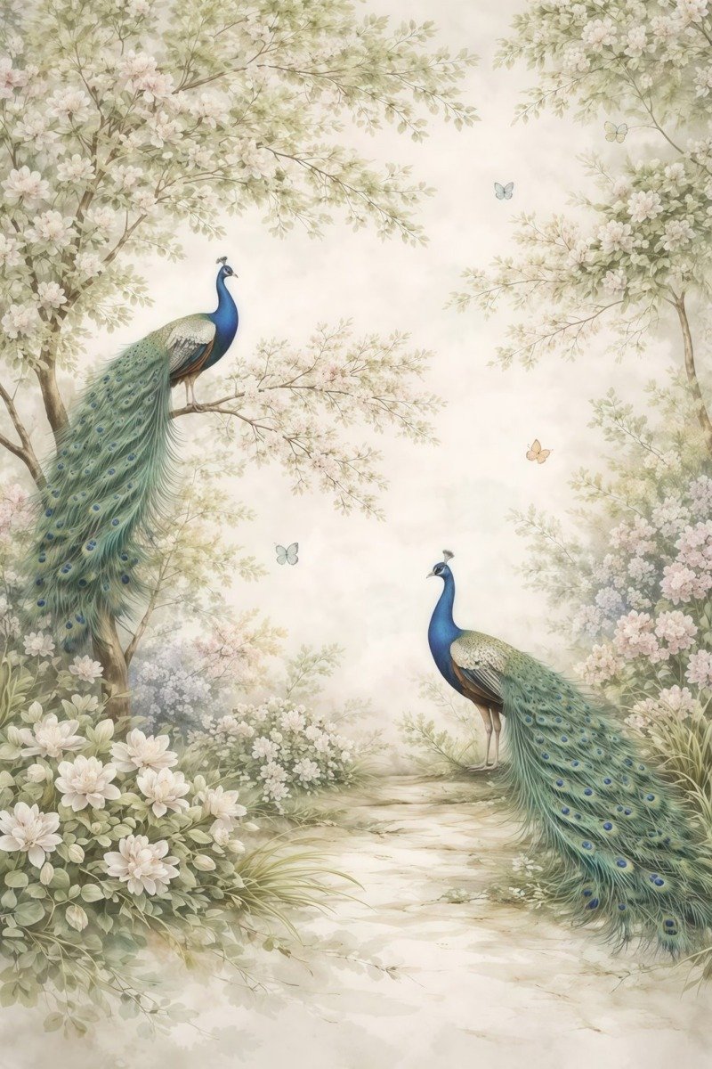 Two peacocks in a soft vintage garden with blossoming trees, pale flowers and small butterflies