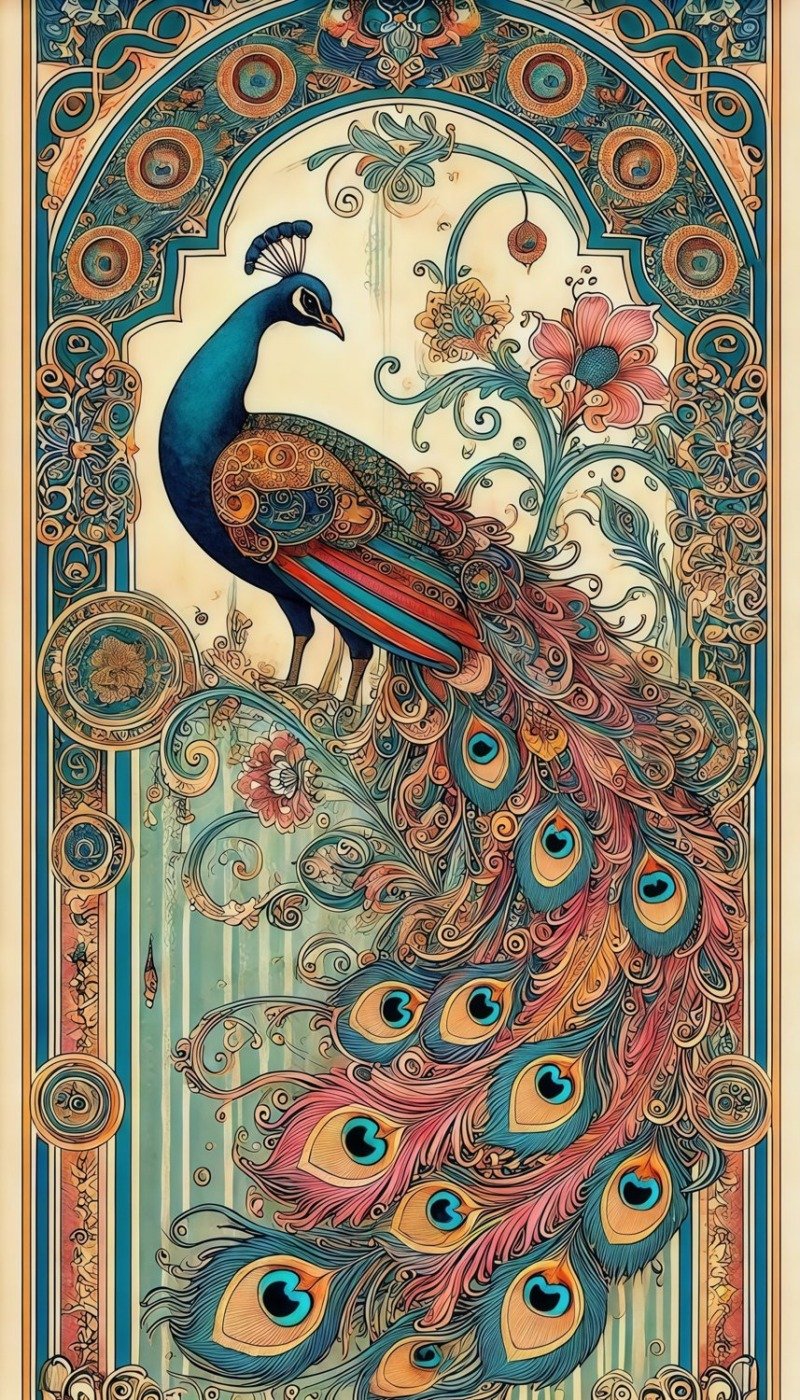Blue peacock with a flowing pink and teal tail perched inside an ornate art nouveau arch frame