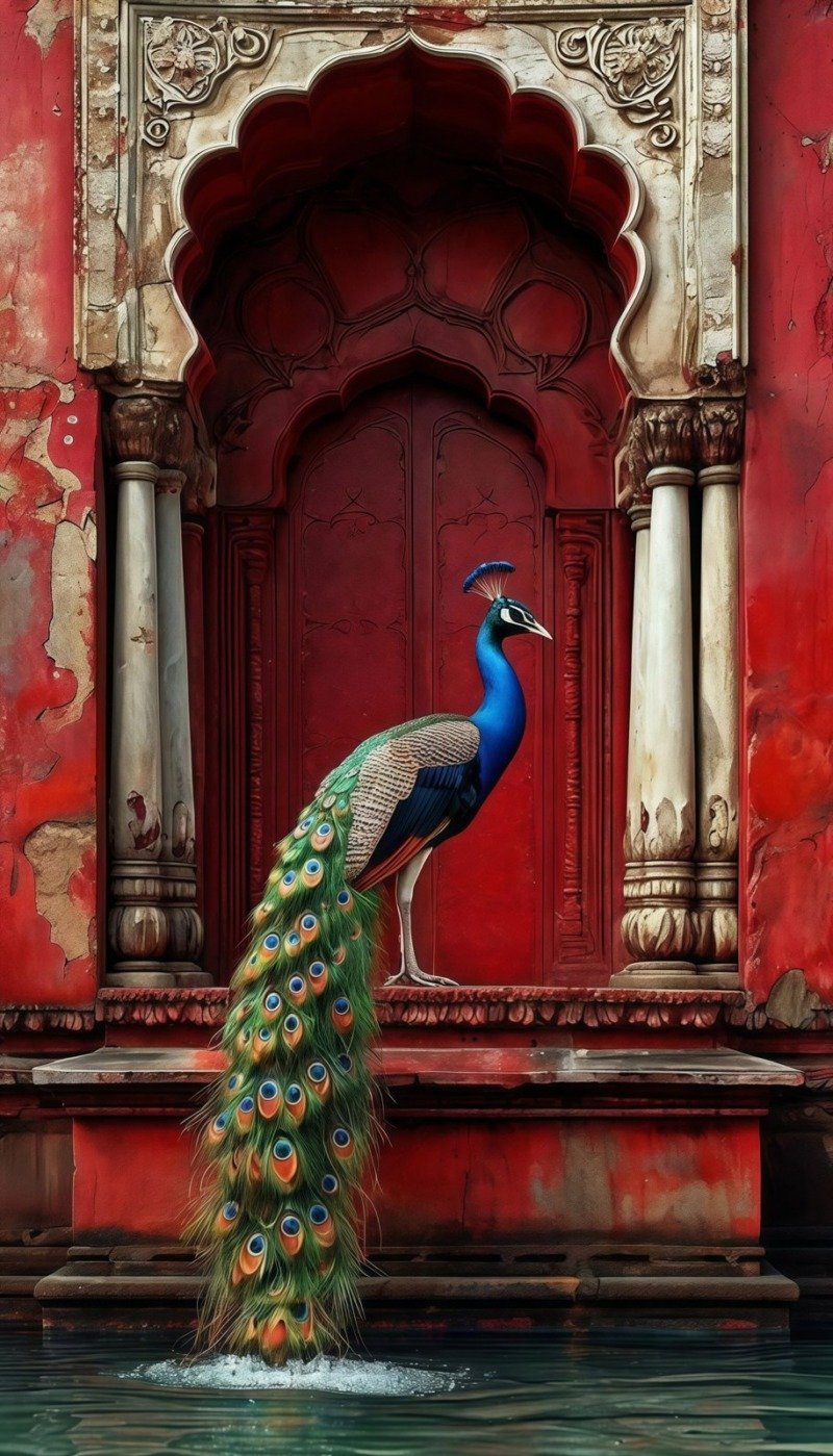 Blue peacock perched on the ledge of a red scalloped arch with its green tail trailing into water