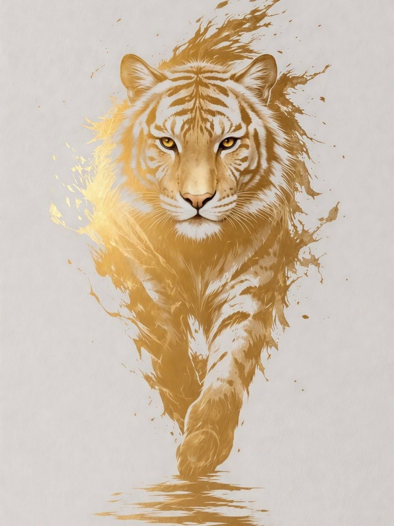 Golden tiger walking toward the viewer, its body dissolving into gold paint splashes on white