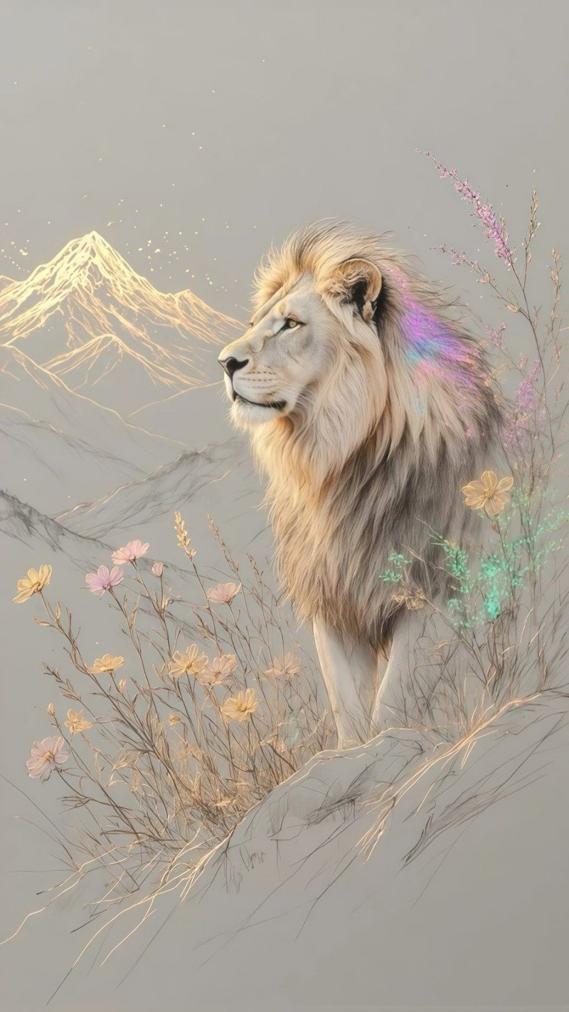 Pale lion with iridescent mane standing among pastel wildflowers with gold-lined mountains behind