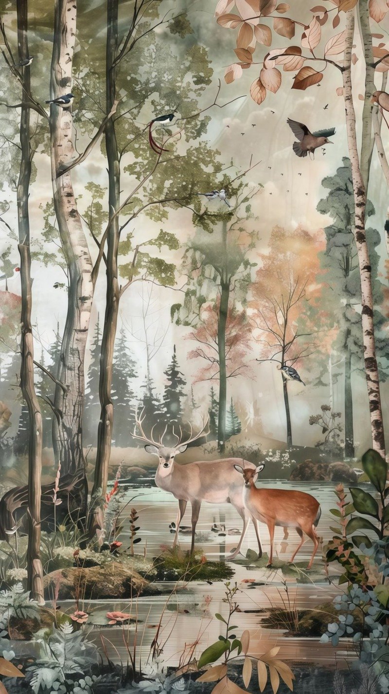 Stag and doe standing at a forest stream among birch trees in a soft misty watercolour scene