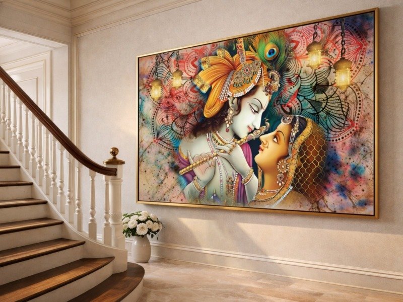 radha krishna lantern mandala canvas wall art photographed framed on a wall
