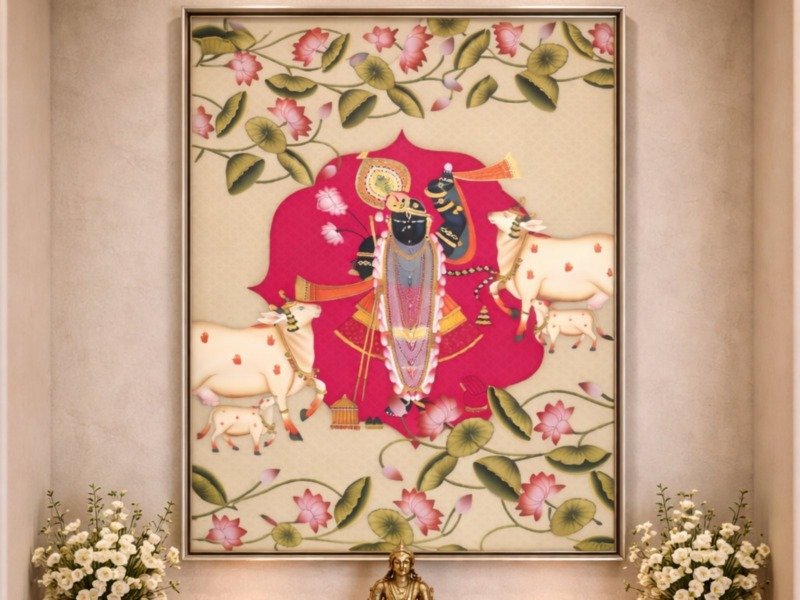 shrinathji lotus pichwai canvas wall art photographed framed on a wall