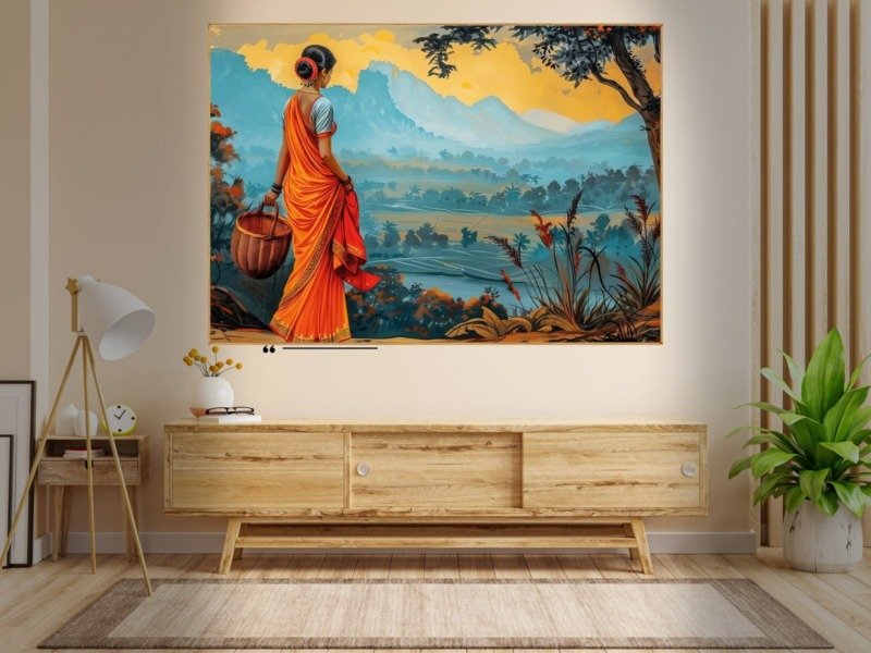 saree woman misty valley canvas wall art photographed framed on a wall