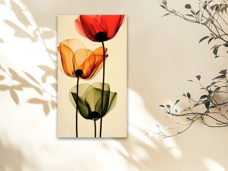 translucent poppy trio canvas wall art photographed framed on a wall