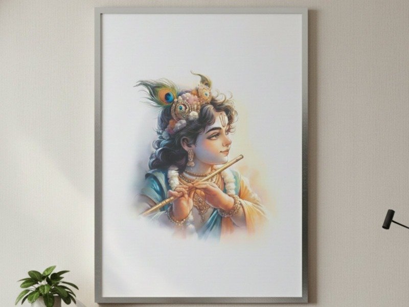 krishna watercolour flute portrait canvas wall art photographed framed on a wall