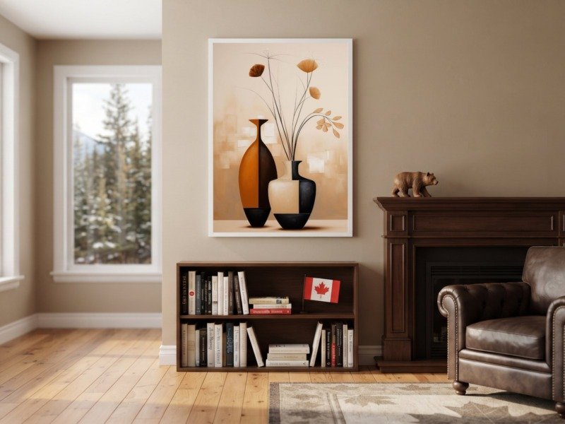 boho vases dried stems canvas wall art photographed framed on a wall