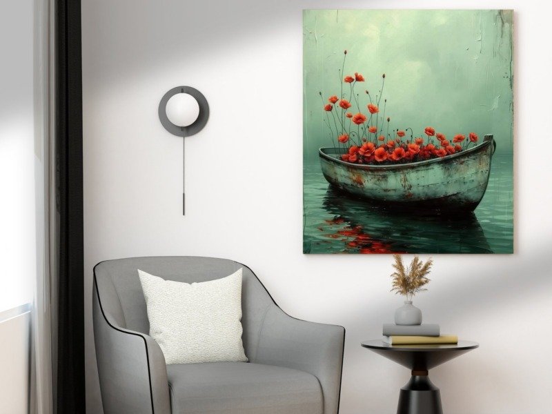 poppy boat on misty water canvas wall art photographed framed on a wall