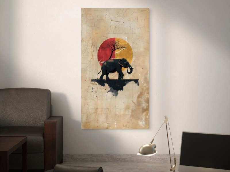elephant under crimson sun canvas wall art photographed framed on a wall