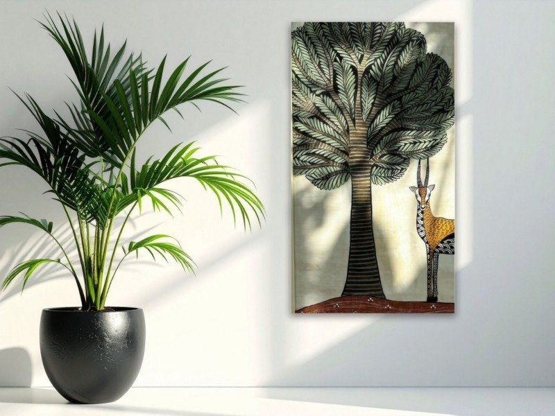 gond art antelope tree canvas wall art photographed framed on a wall