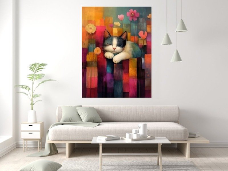 sleeping kitten patchwork garden canvas wall art photographed framed on a wall