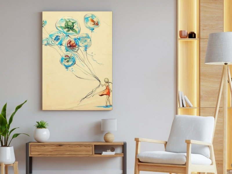 girl with ocean balloons canvas wall art photographed framed on a wall