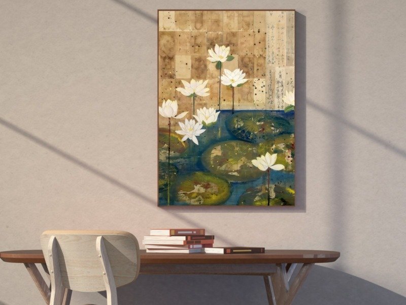 lotus pond calligraphy canvas wall art photographed framed on a wall