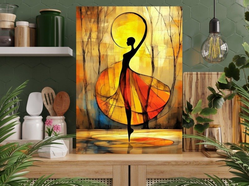ballerina golden sun silhouette canvas wall art photographed framed on a wall