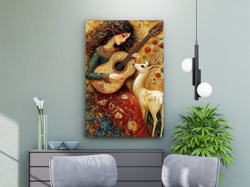 gilded guitarist and white stag canvas wall art photographed framed on a wall