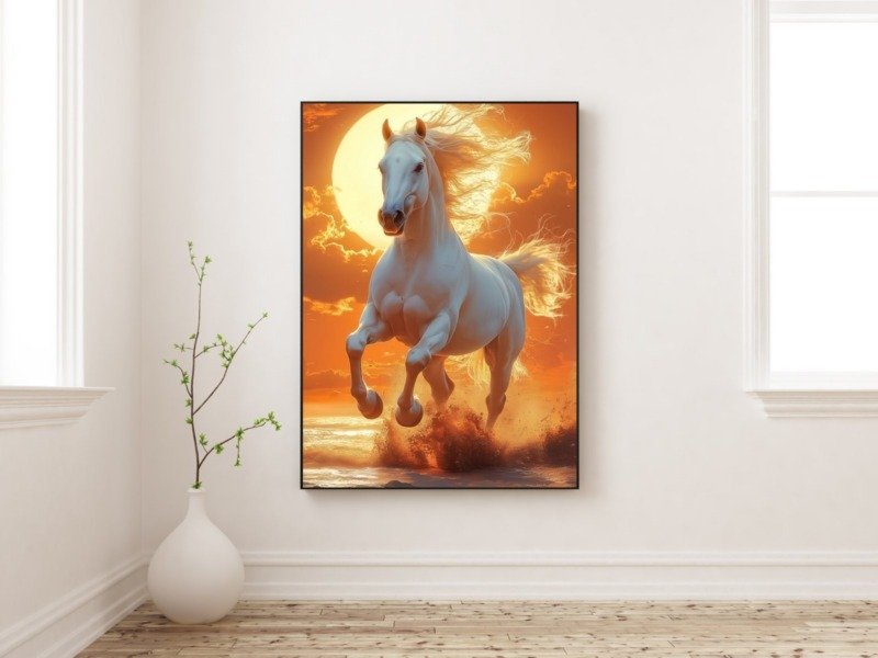 white stallion sunset surf canvas wall art photographed framed on a wall