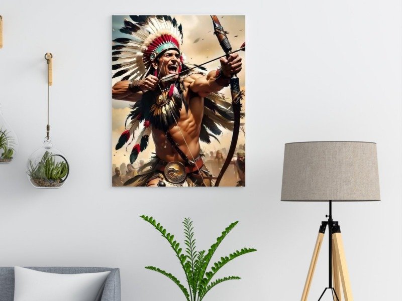 warrior chief drawing bow canvas wall art photographed framed on a wall