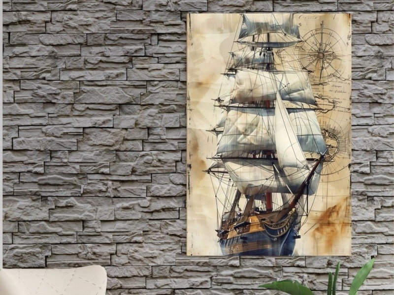 tall ship compass chart canvas wall art photographed framed on a wall