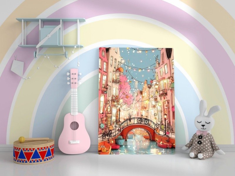 fairy light canal town canvas wall art photographed framed on a wall