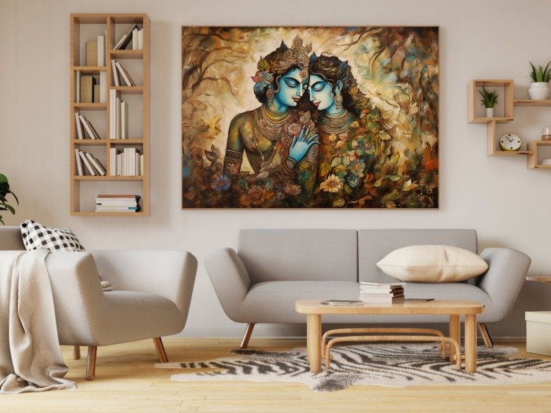 radha krishna earthy embrace canvas wall art photographed framed on a wall