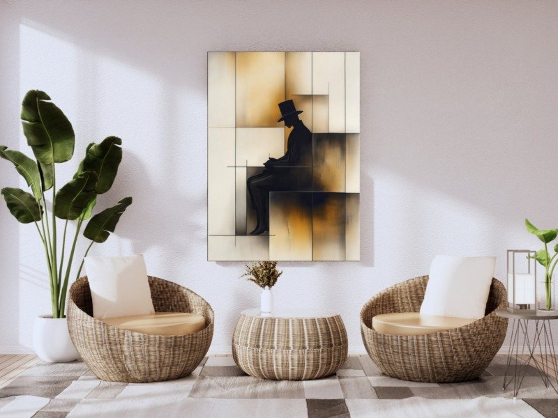top hat silhouette in amber canvas wall art photographed framed on a wall