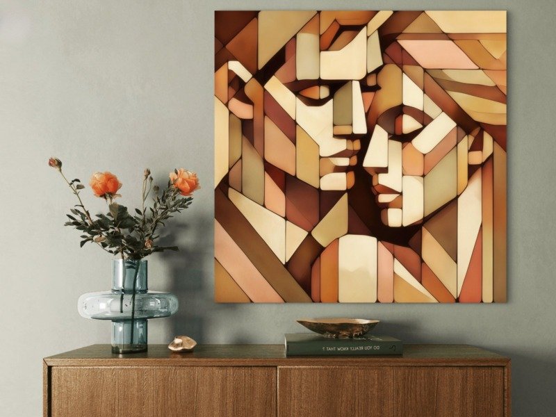 cubist faces in earth tones canvas wall art photographed framed on a wall
