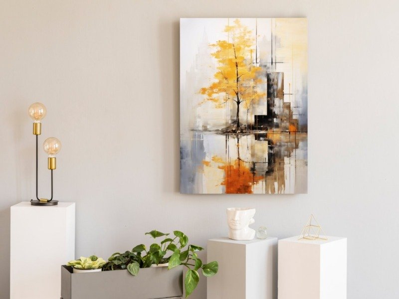golden tree city reflection canvas wall art photographed framed on a wall