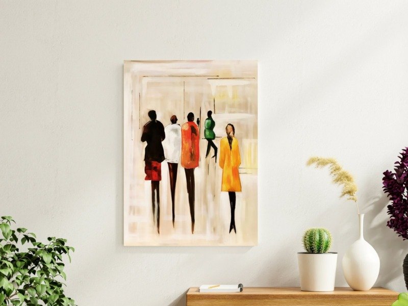 figures in colored coats canvas wall art photographed framed on a wall