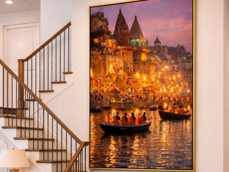 varanasi ghats at dusk canvas wall art photographed framed on a wall